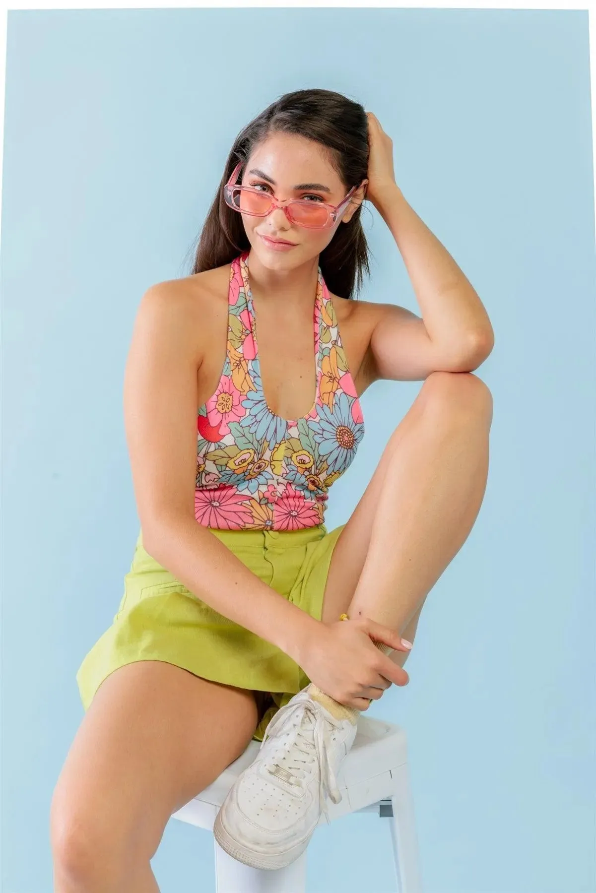 Light Green Cotton Two Pocket High Waist Shorts /3-2-1