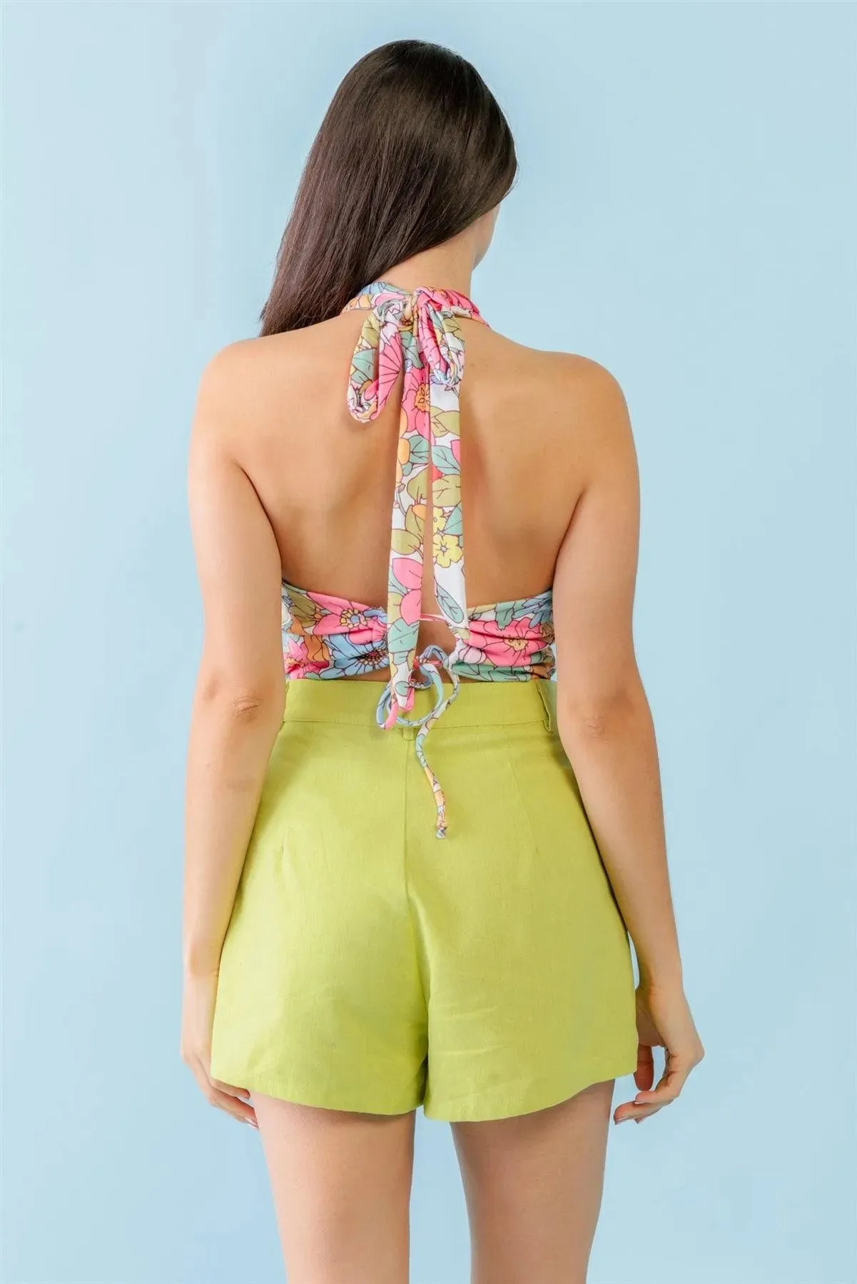 Light Green Cotton Two Pocket High Waist Shorts /3-2-1