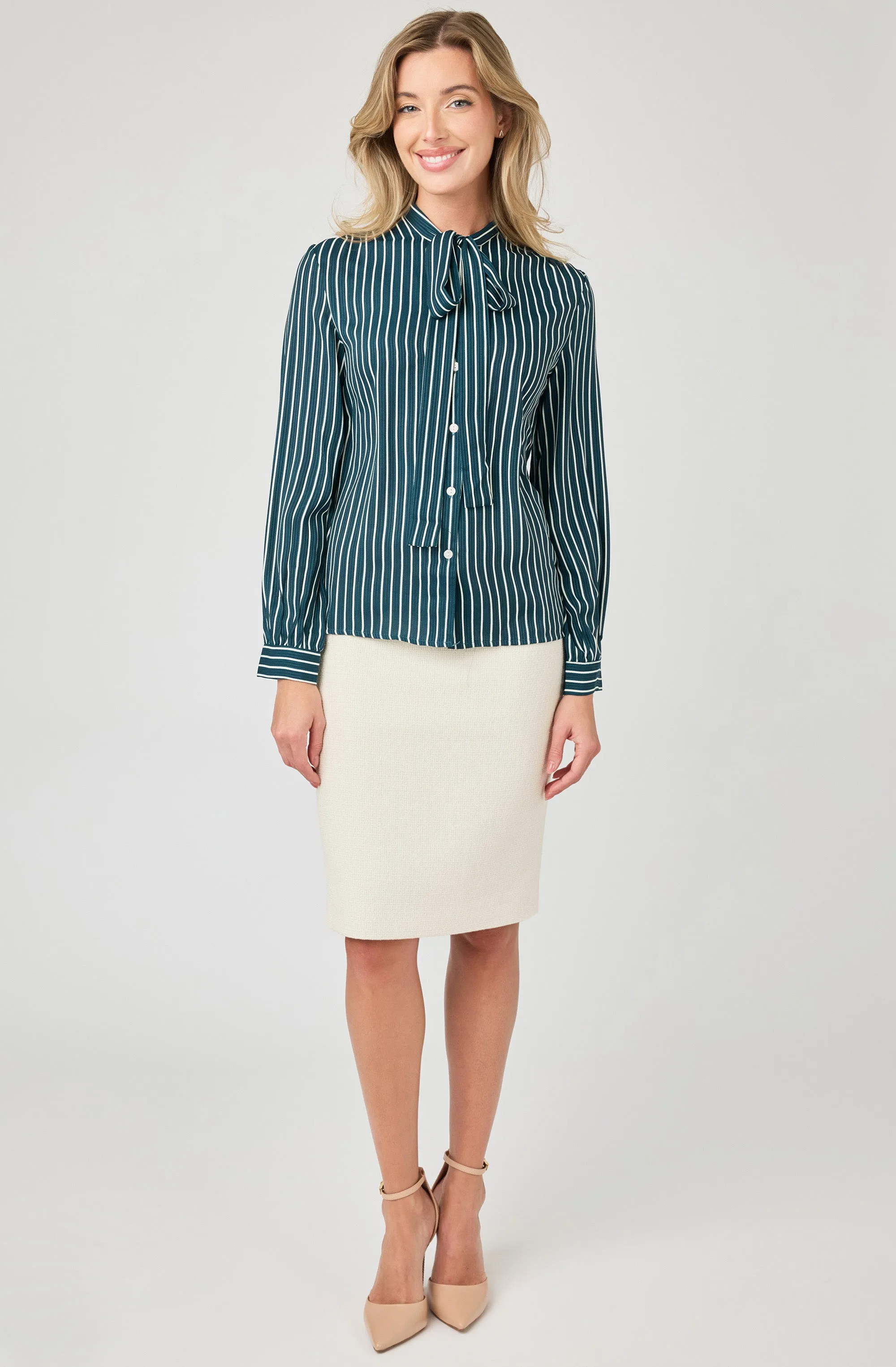 Long Sleeve Striped Blouse with Necktie