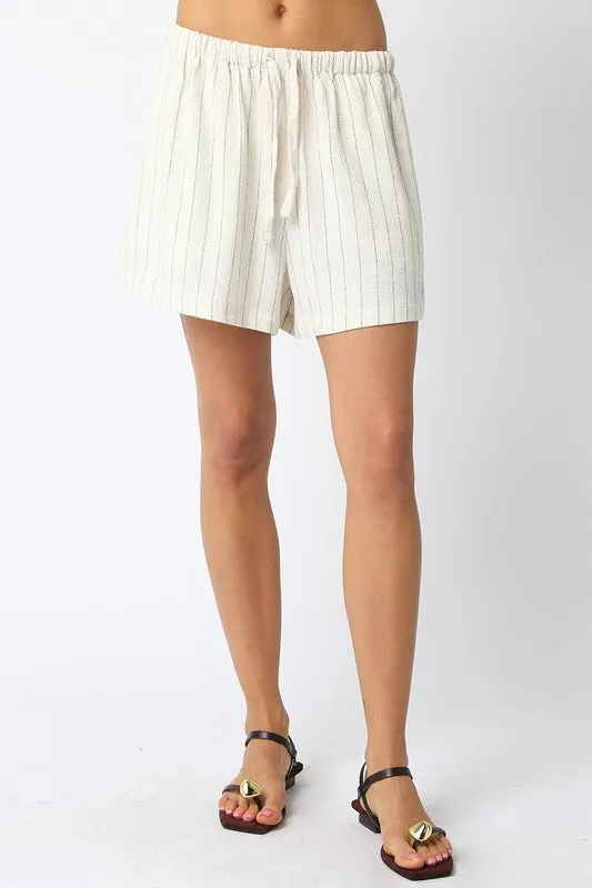Lou High Waist Stripe Print Linen Shorts Natural