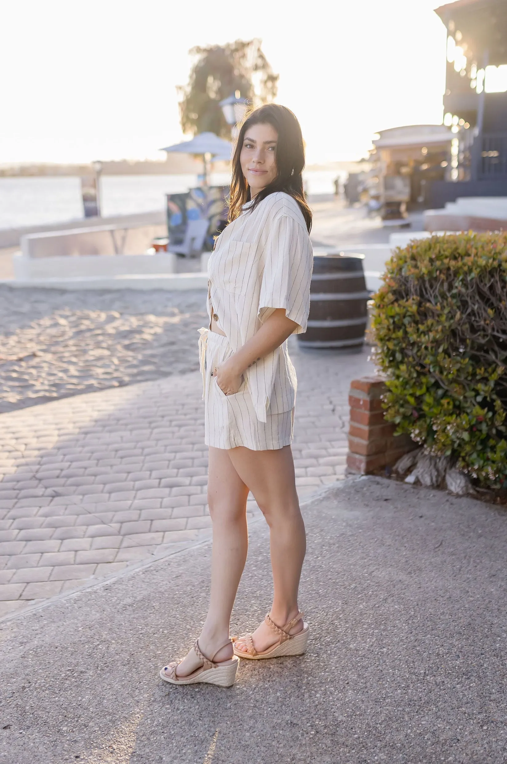Lou High Waist Stripe Print Linen Shorts Natural