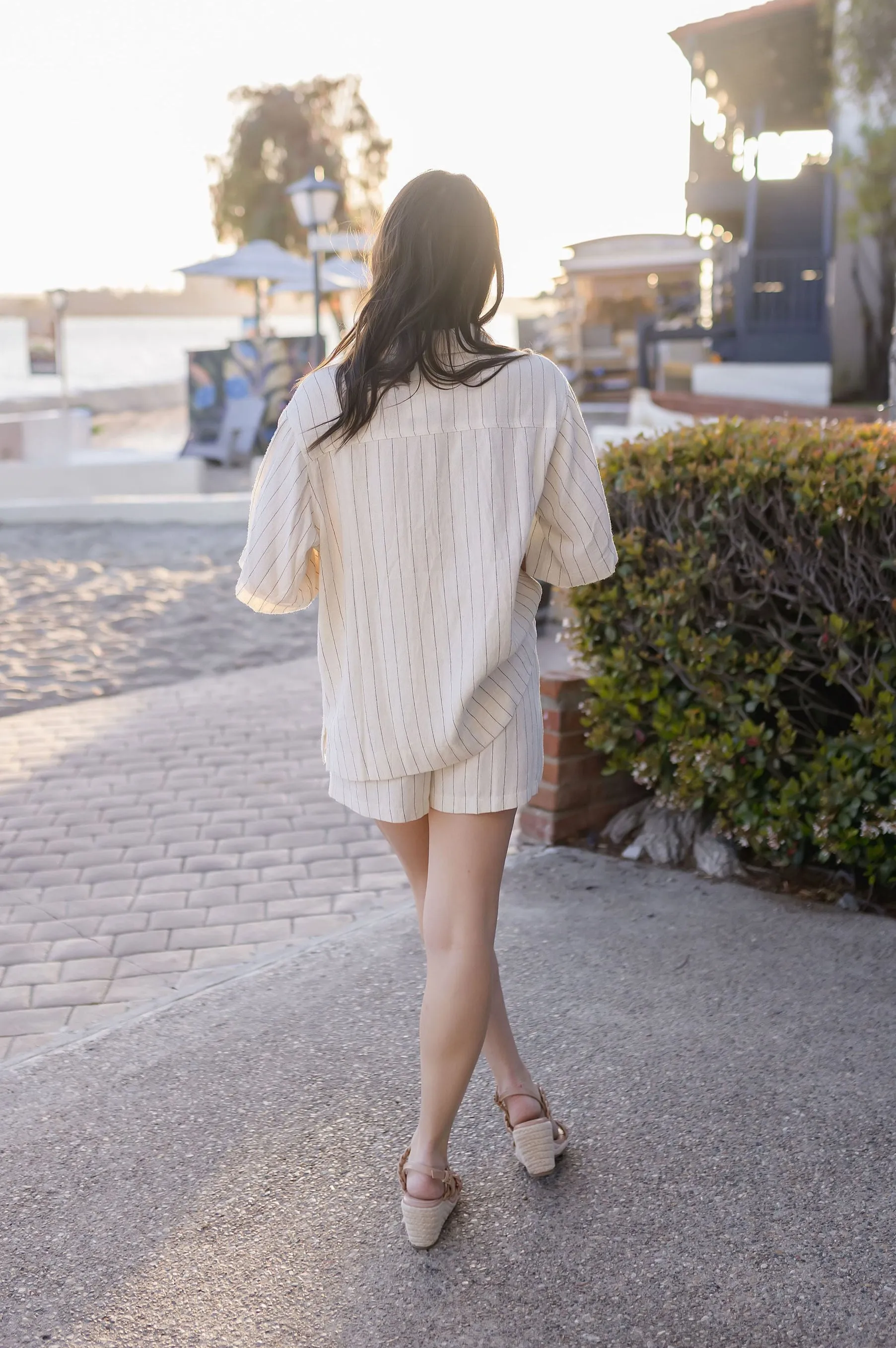 Lou High Waist Stripe Print Linen Shorts Natural