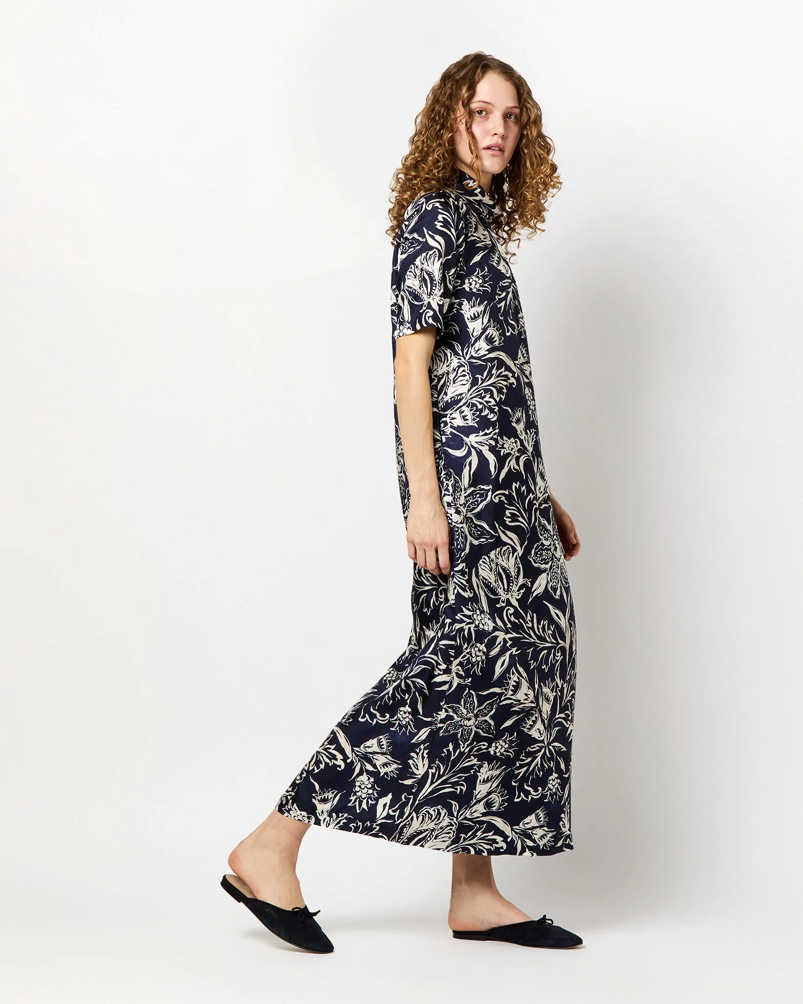 Luisa Dress in Navy Floral Silk Twill
