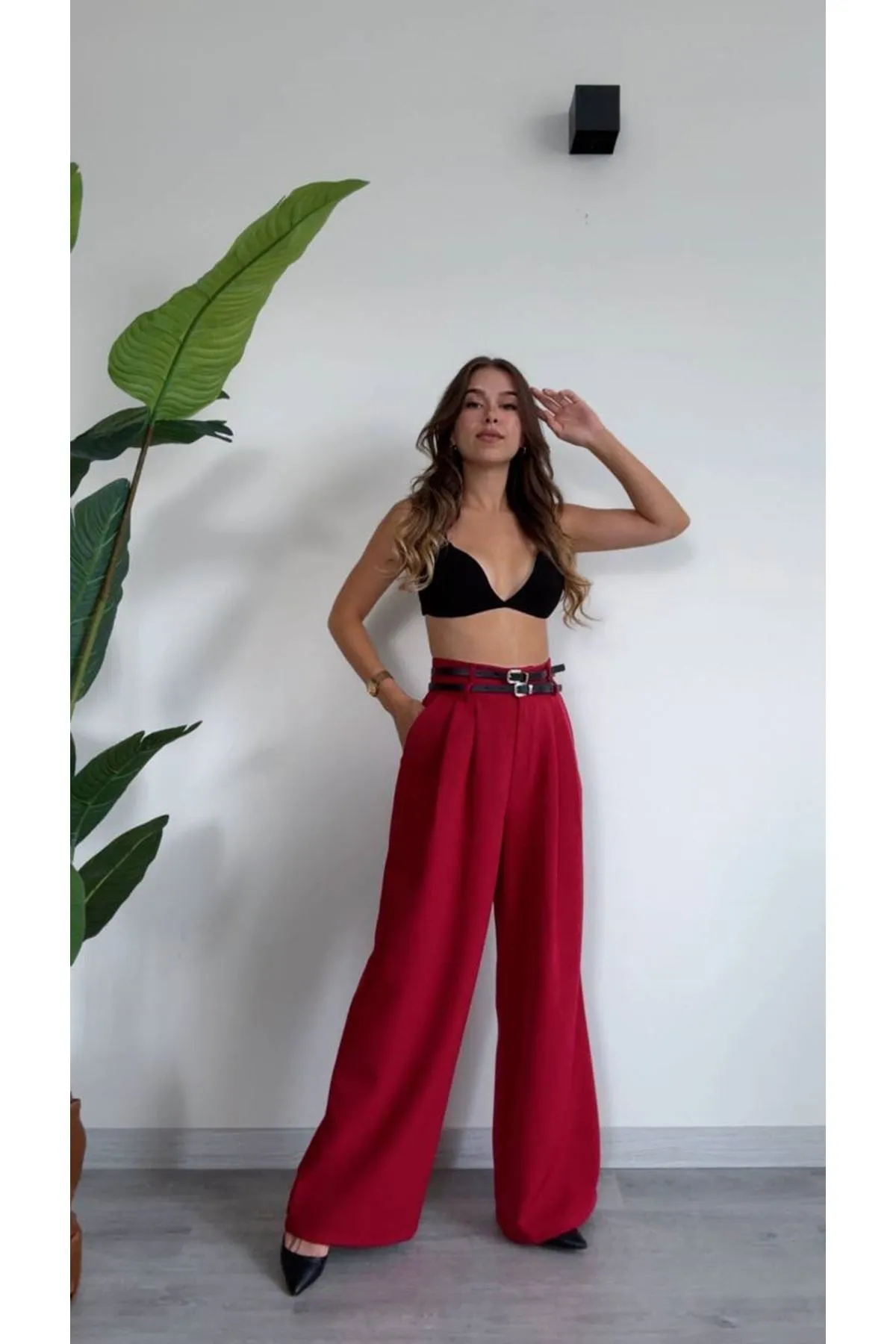 MXM Women Stylish and Comfortable High-Waisted Red Palazzo Pants - Dinslaken