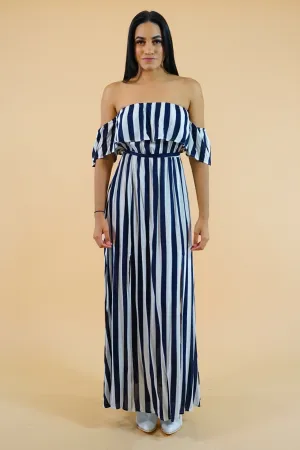 Navy Blue Striped Off-the-Shoulders Maxi Dress