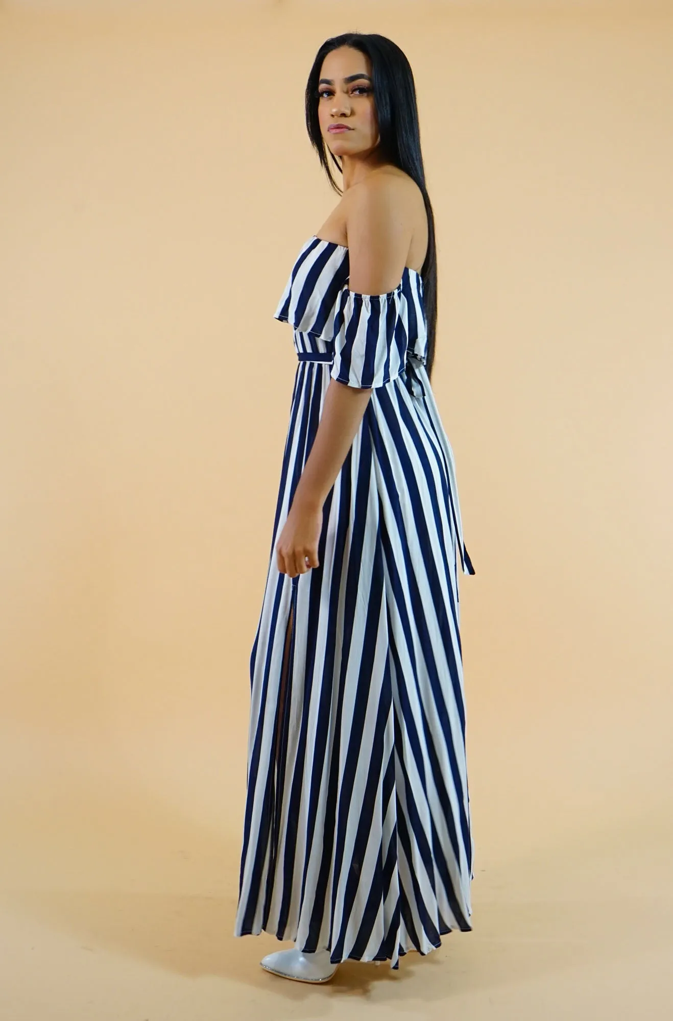 Navy Blue Striped Off-the-Shoulders Maxi Dress