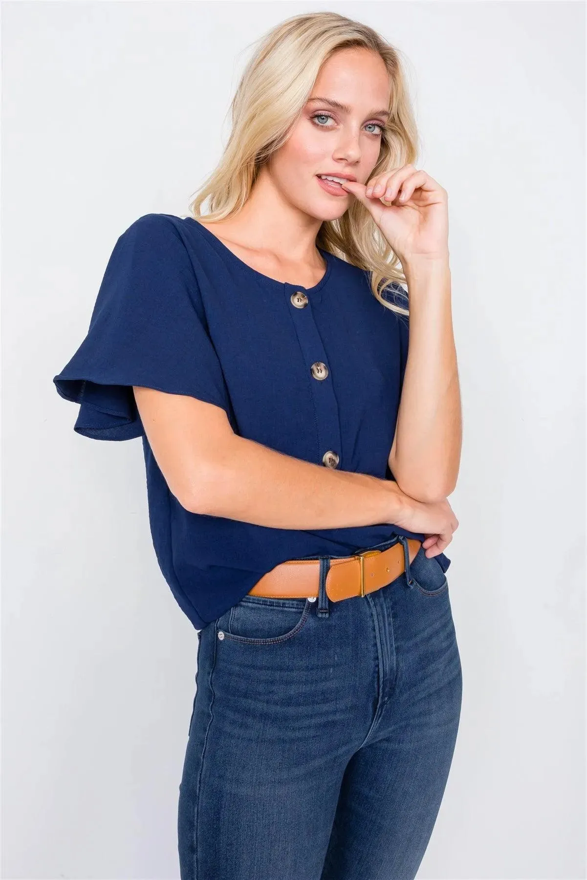 Navy Round Neck Office Chic Butterfly Sleeve Chic Top /3-2-2