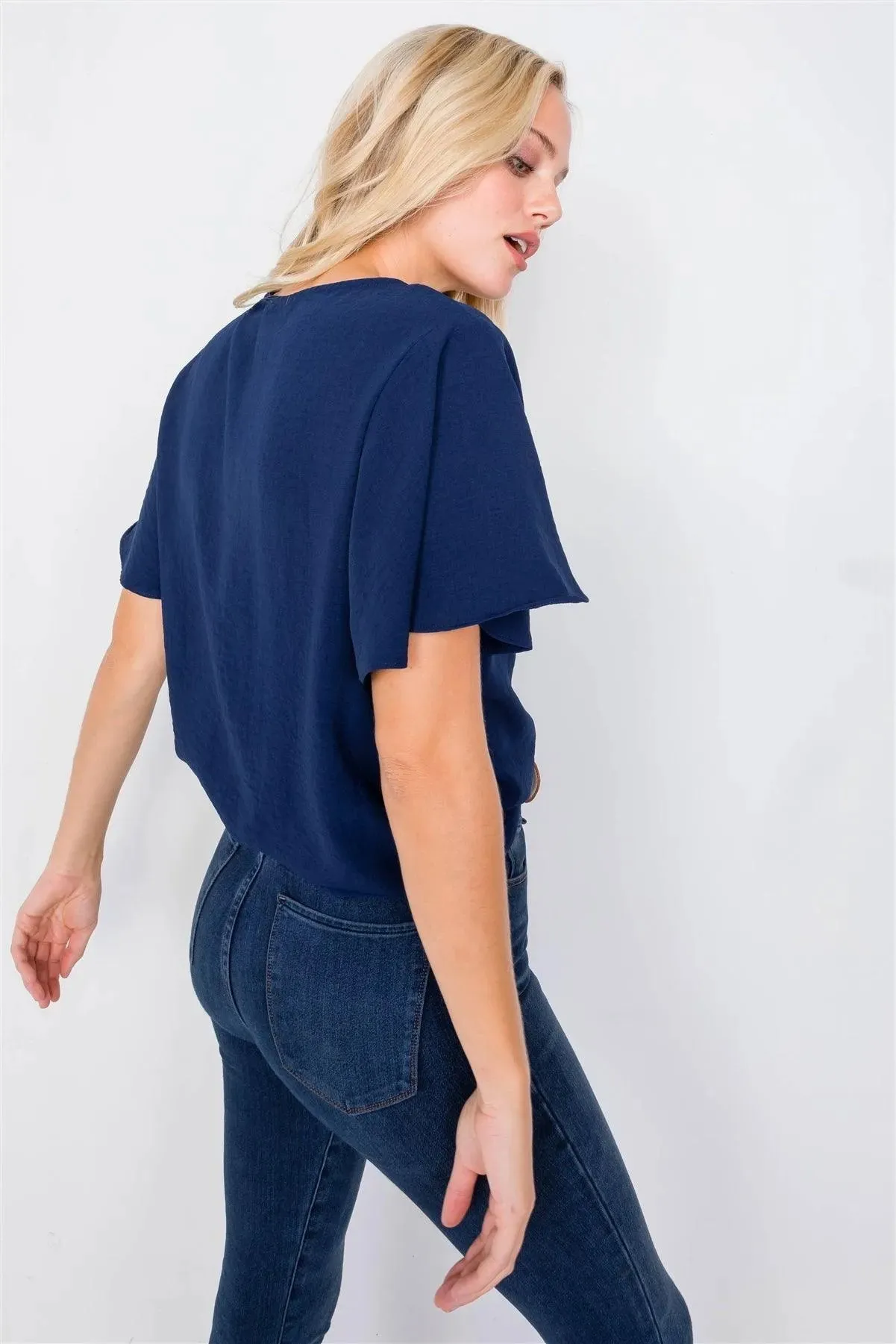 Navy Round Neck Office Chic Butterfly Sleeve Chic Top /3-2-2