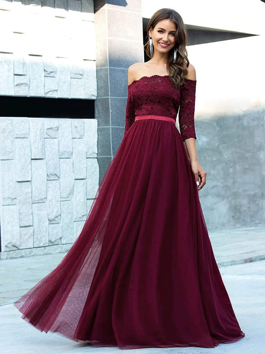 Off Shoulder Floral Lace Formal Tulle Dresses for Women