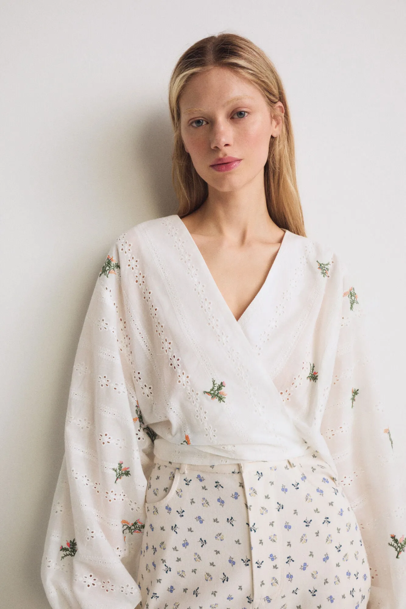 Orange Embroidered Double-breasted Ivory Blouse