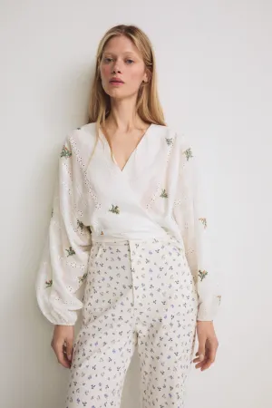 Orange Embroidered Double-breasted Ivory Blouse