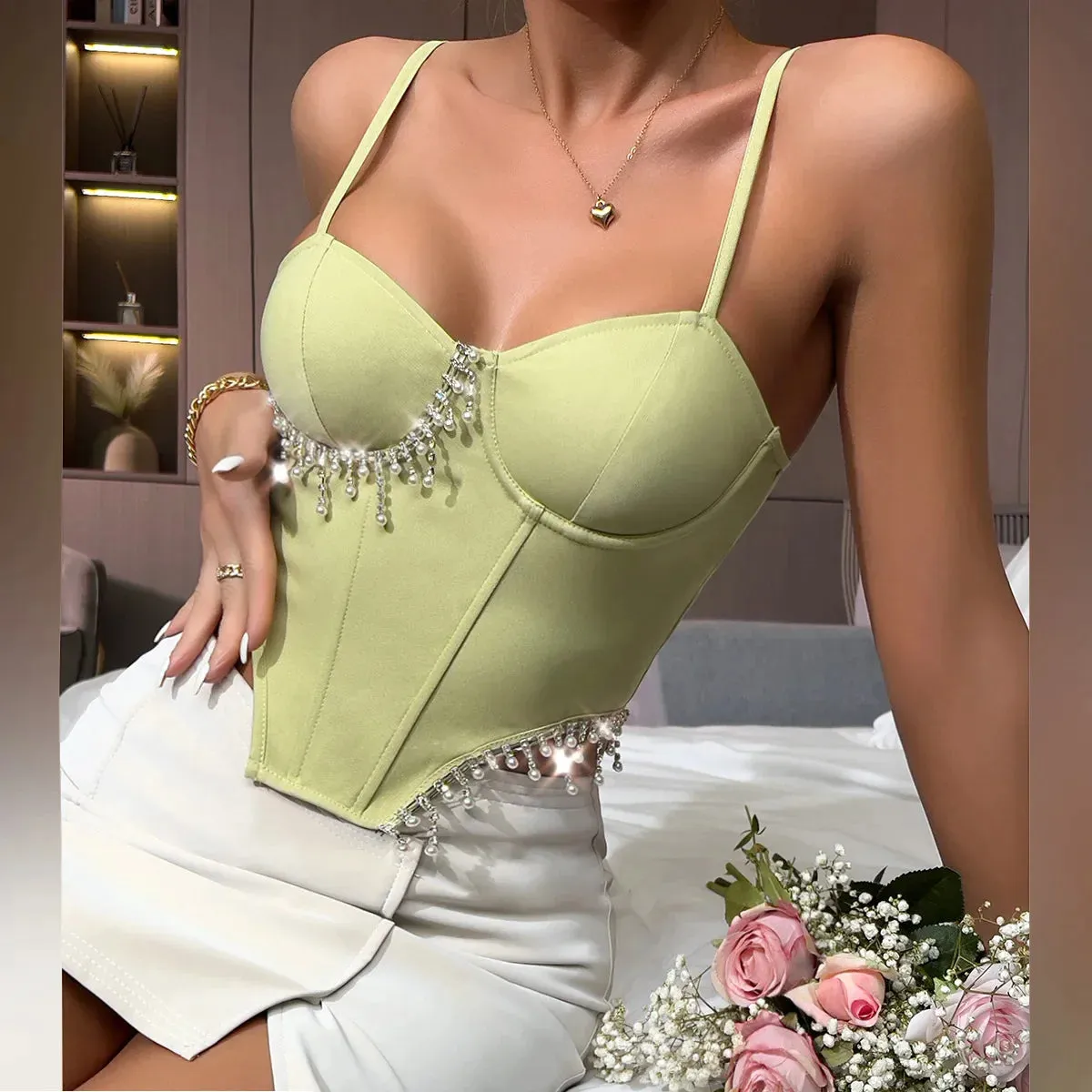 Pearl Diamond Chic Sexy Sleeveless Corset Crop Top
