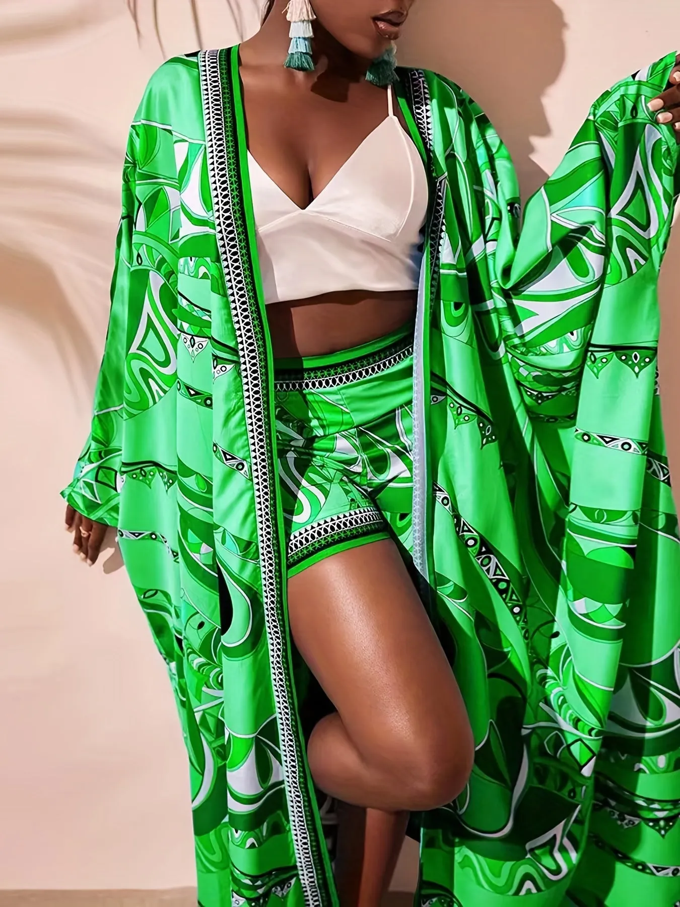 Plus Size Vaction Kimono  Casual  Beachy  Two  Piece  Short Summer  Set