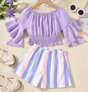 Purple 2pc Girls Crop Top and Matching Striped Shorts