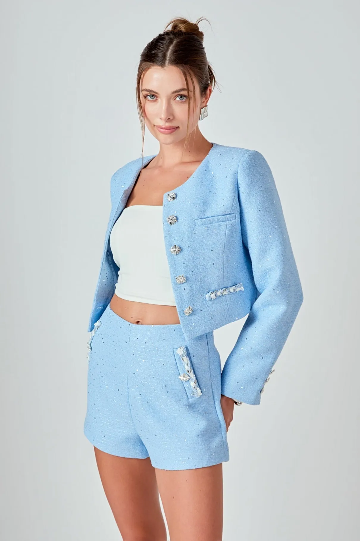 Romy Chain Embellished High Waisted Tweed Shorts