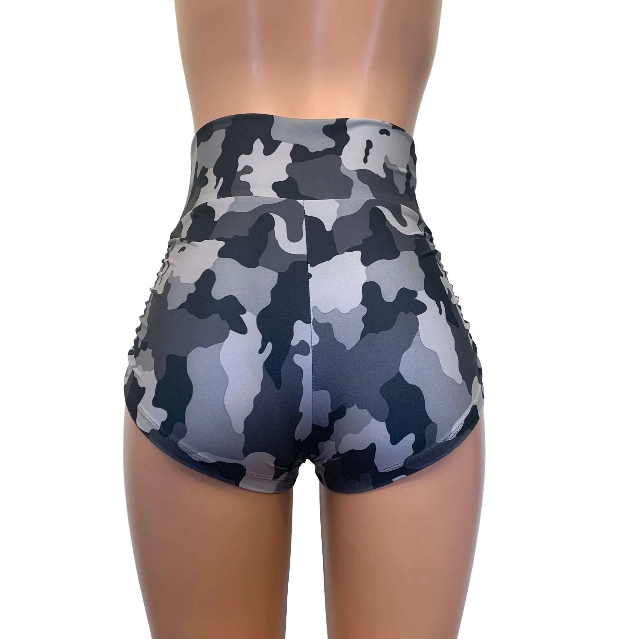 SALE - SMALL Ruched Booty Shorts - Black & Gray Camo