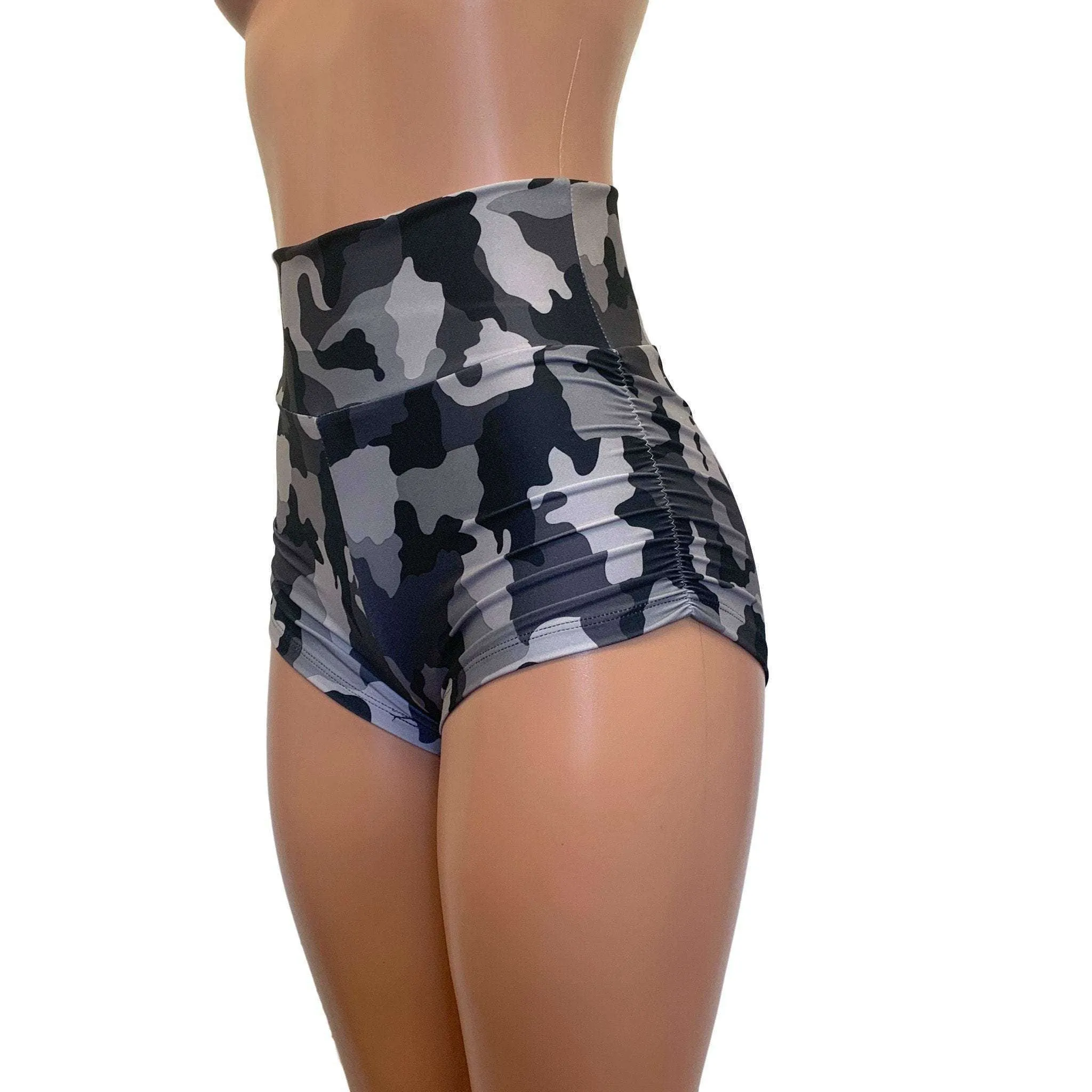 SALE - SMALL Ruched Booty Shorts - Black & Gray Camo