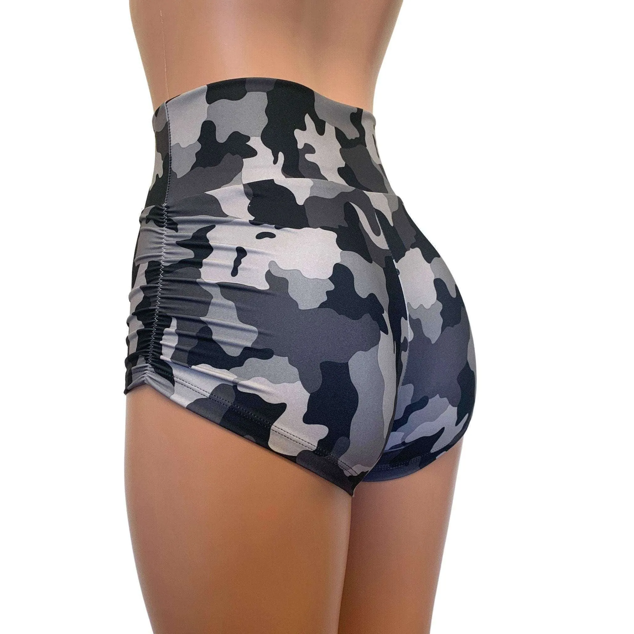 SALE - SMALL Ruched Booty Shorts - Black & Gray Camo
