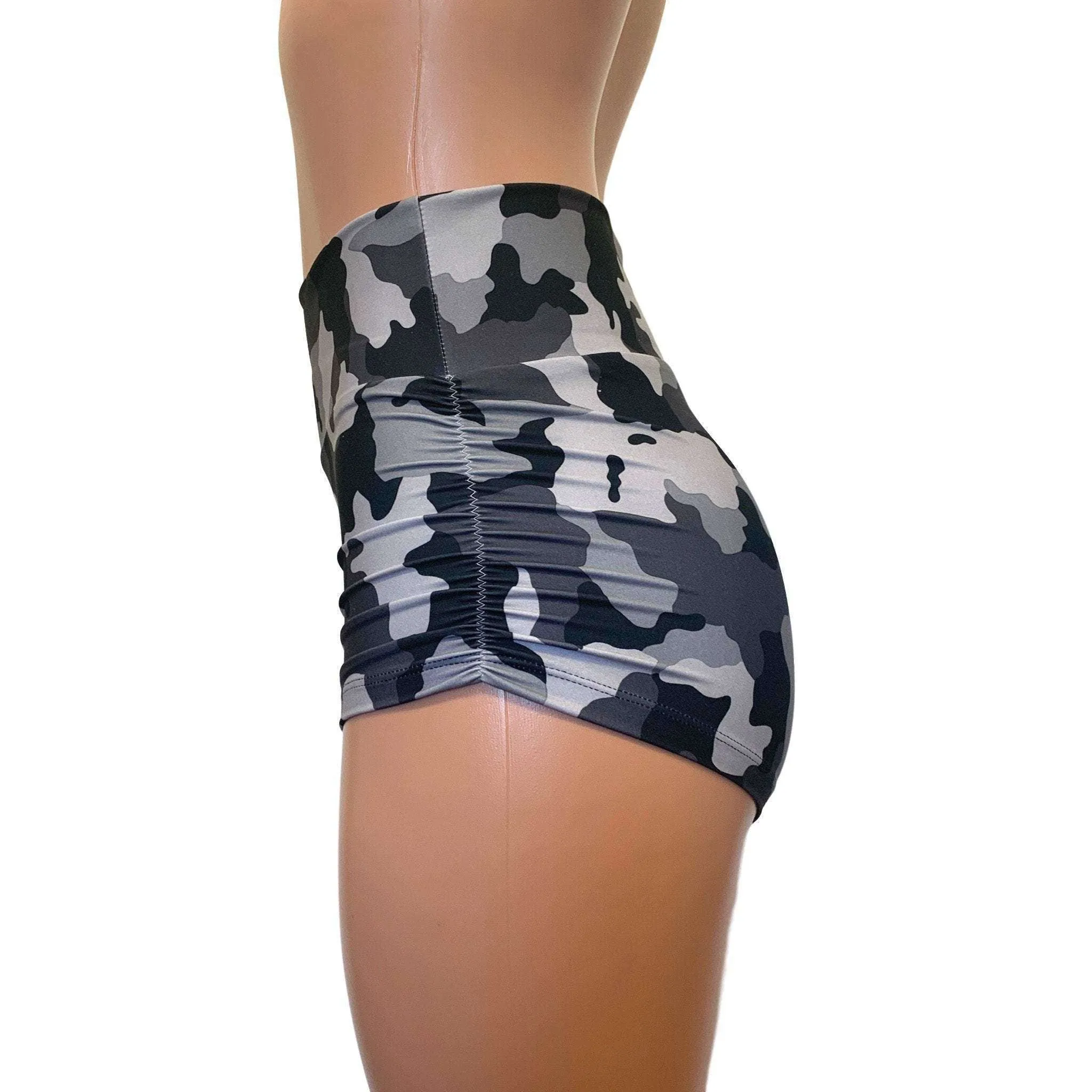 SALE - SMALL Ruched Booty Shorts - Black & Gray Camo