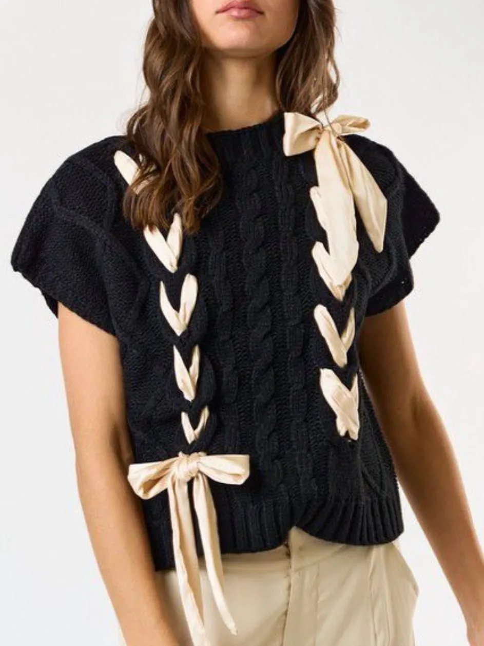 Satin bow black solid cable knit top