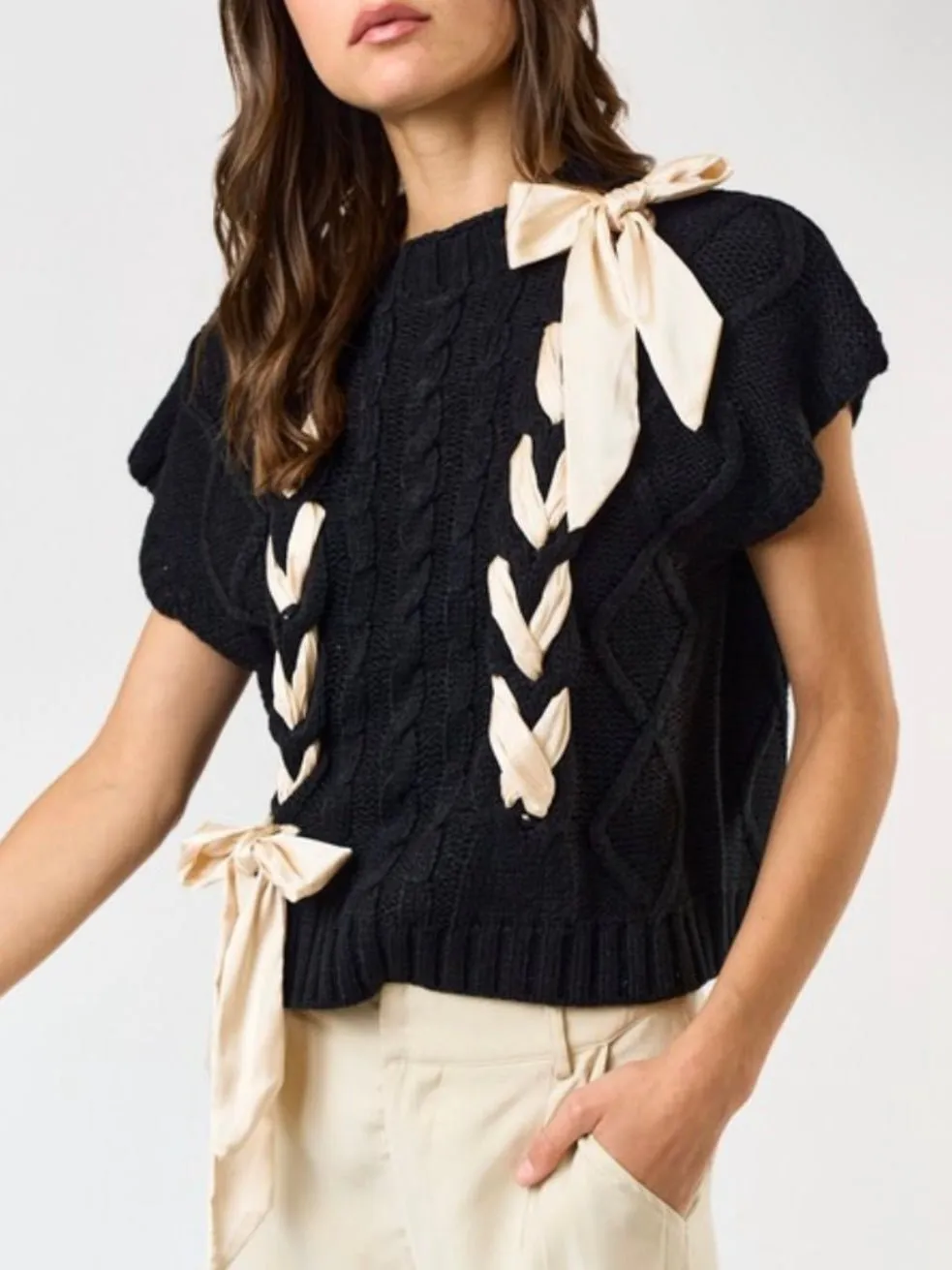 Satin bow black solid cable knit top