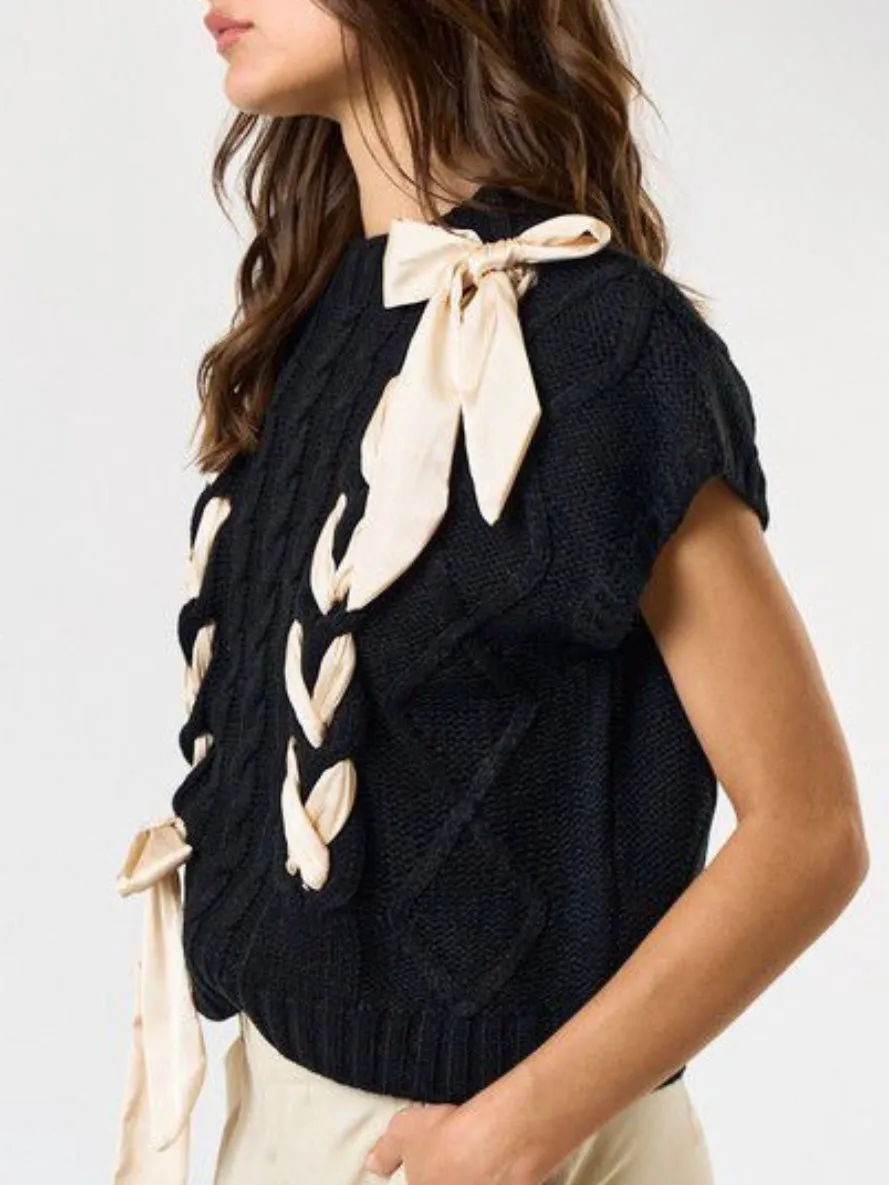 Satin bow black solid cable knit top