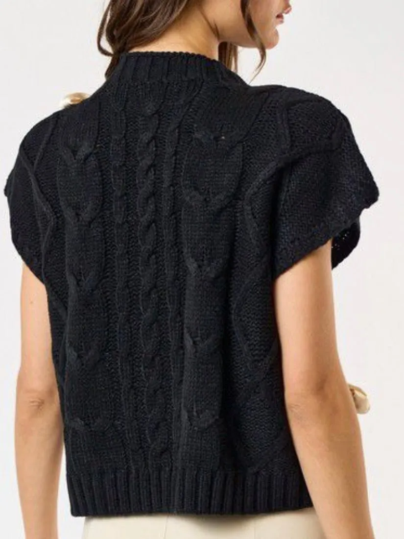Satin bow black solid cable knit top