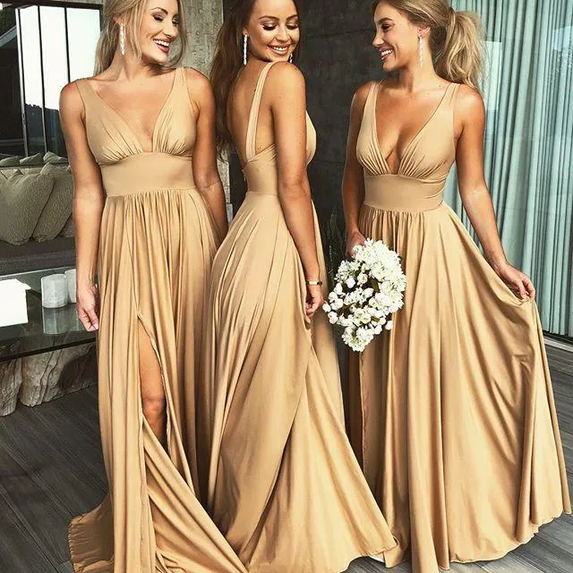 Simple Flowy V-neck Open Back Long Prom Dress