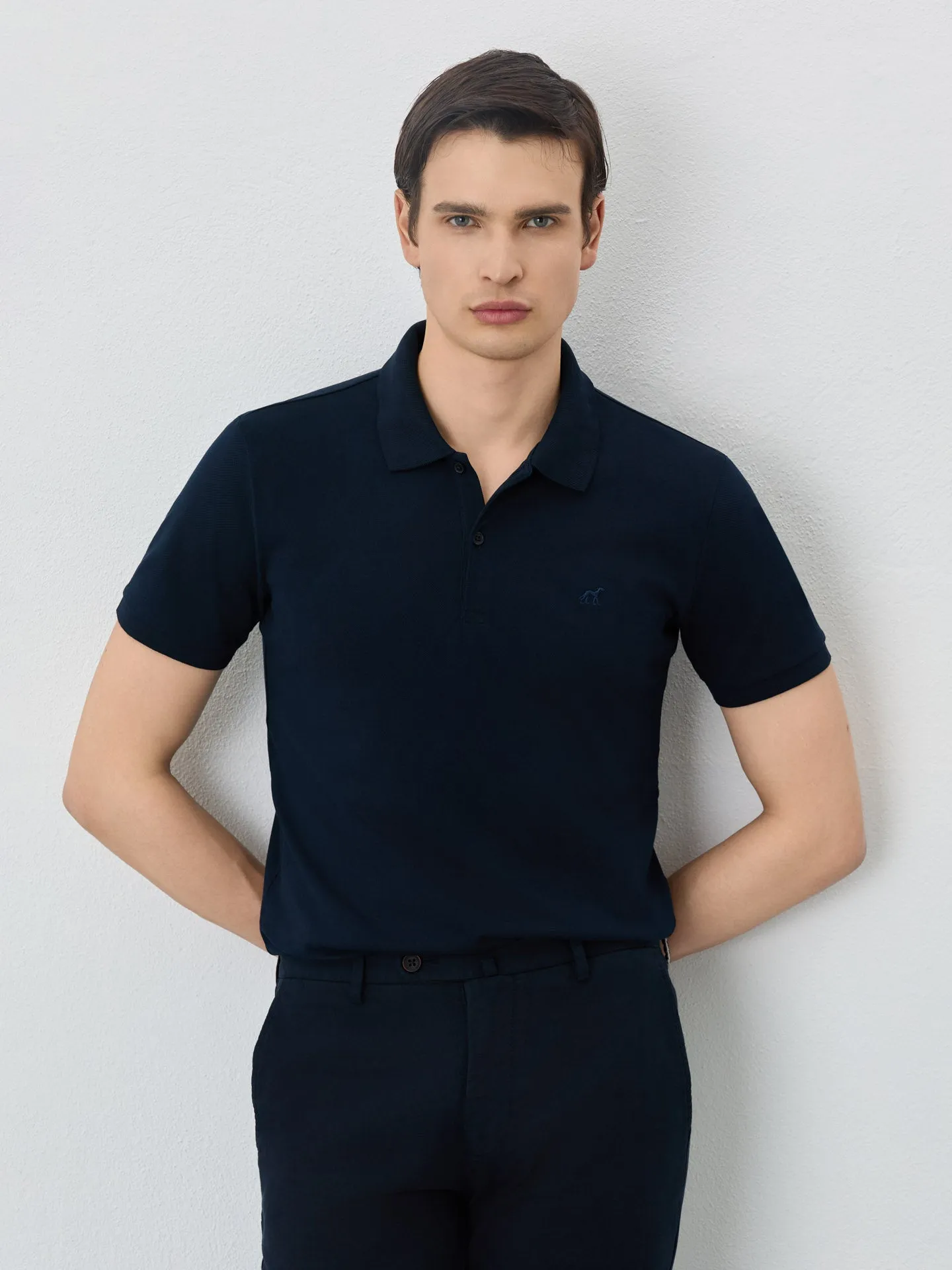 Slim Fit Piqué Polo With Ribbed Collar In Cotton Blend