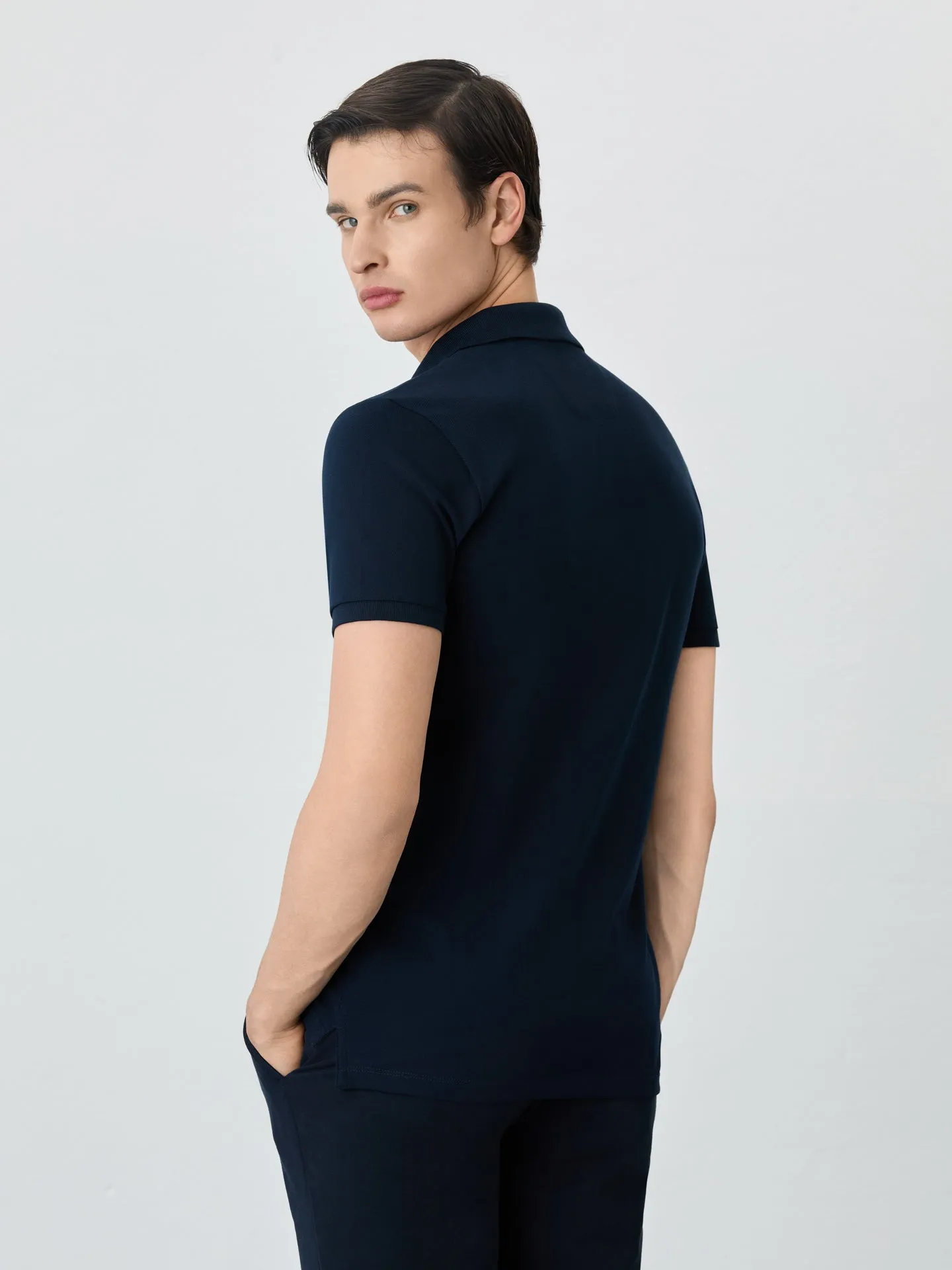 Slim Fit Piqué Polo With Ribbed Collar In Cotton Blend