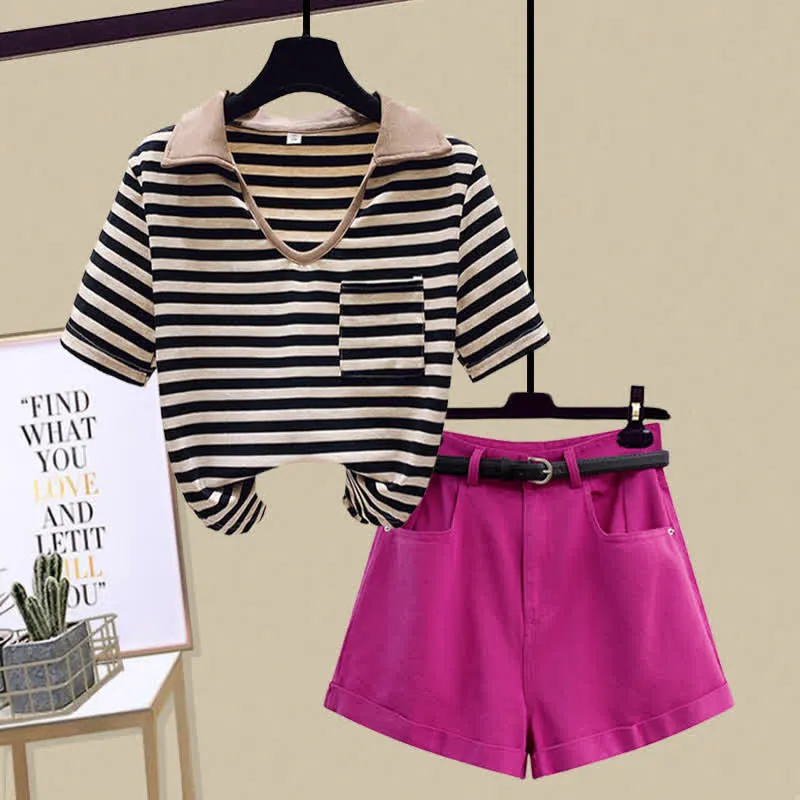 Stripe Pocket Crop Top T-Shirt Denim Shorts