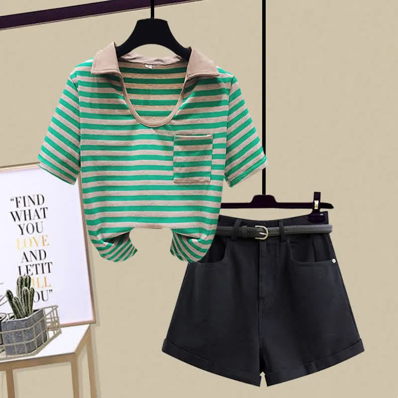 Stripe Pocket Crop Top T-Shirt Denim Shorts