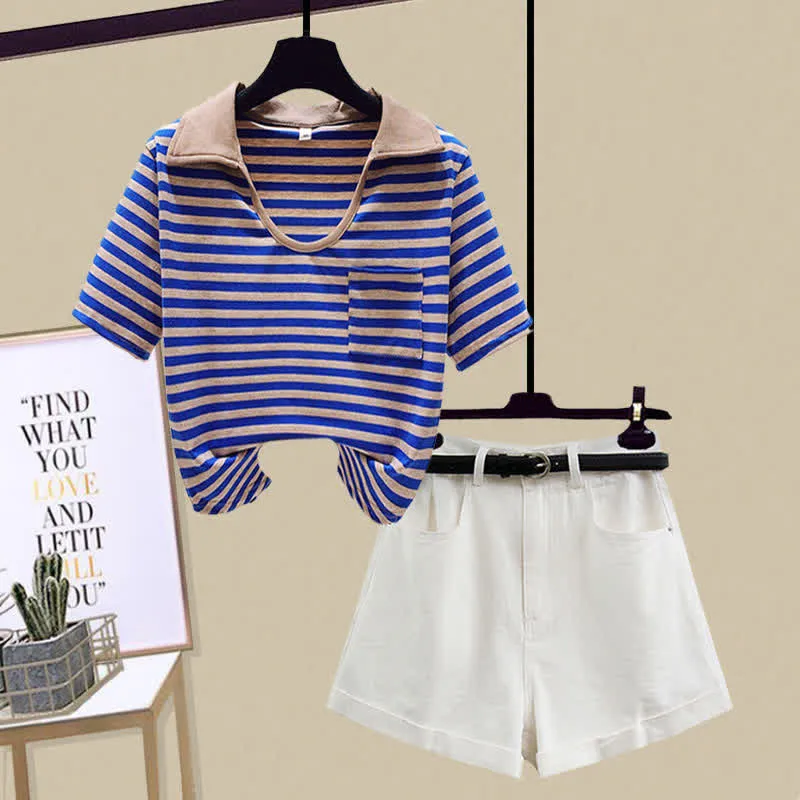 Stripe Pocket Crop Top T-Shirt Denim Shorts
