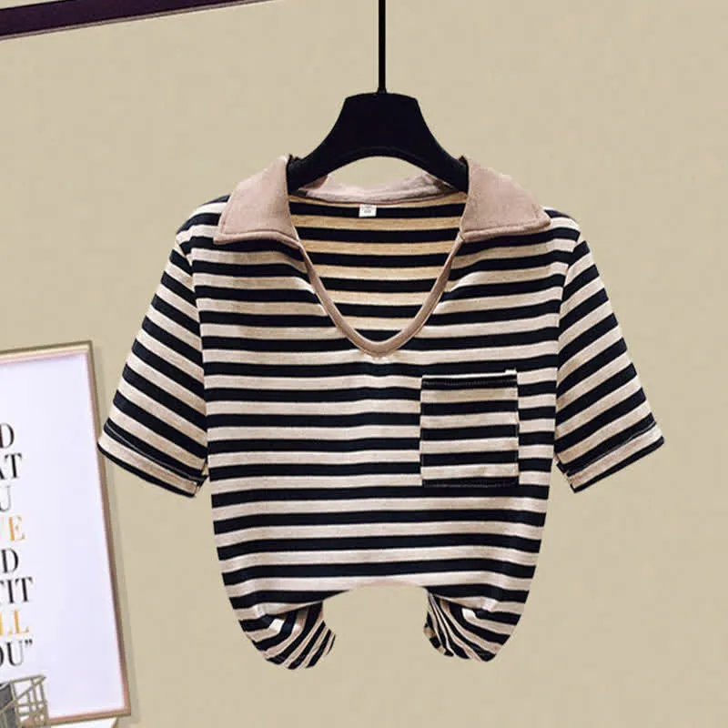 Stripe Pocket Crop Top T-Shirt Denim Shorts