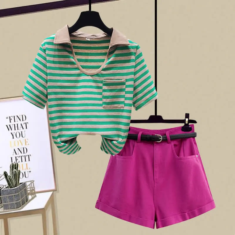 Stripe Pocket Crop Top T-Shirt Denim Shorts