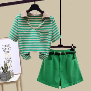 Stripe Pocket Crop Top T-Shirt Denim Shorts