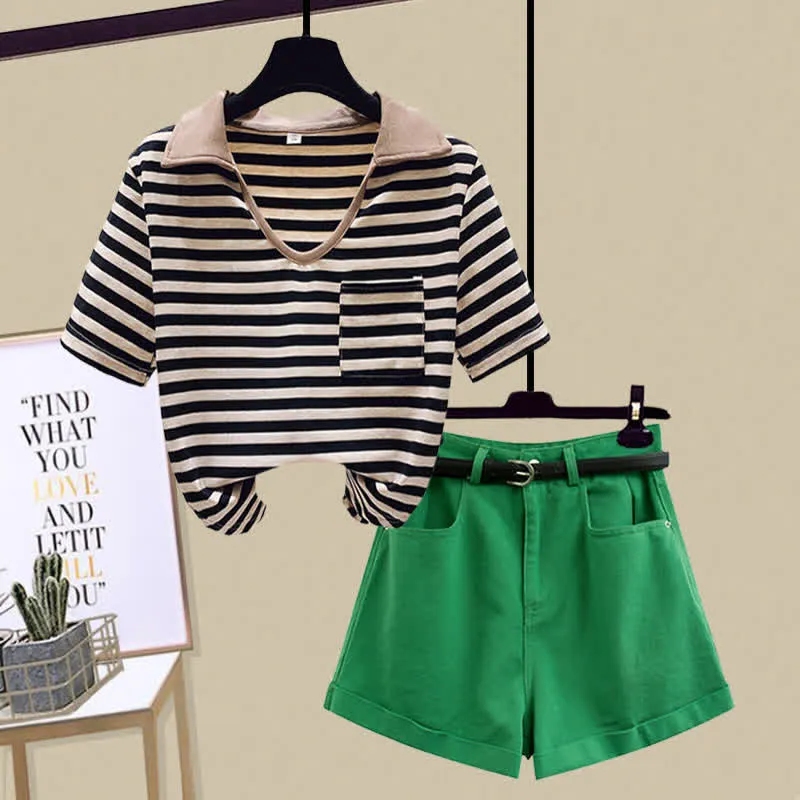 Stripe Pocket Crop Top T-Shirt Denim Shorts