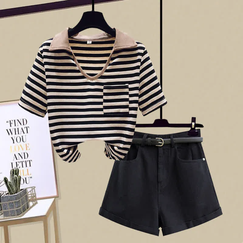 Stripe Pocket Crop Top T-Shirt Denim Shorts