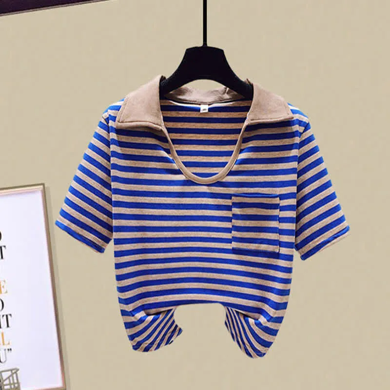 Stripe Pocket Crop Top T-Shirt Denim Shorts