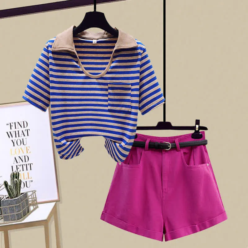 Stripe Pocket Crop Top T-Shirt Denim Shorts