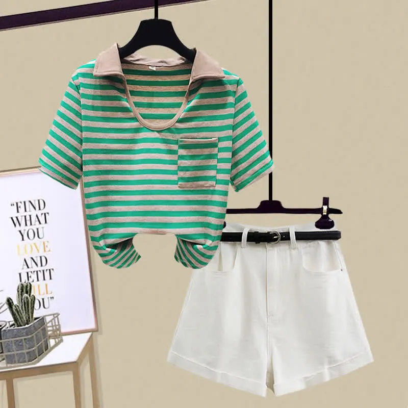 Stripe Pocket Crop Top T-Shirt Denim Shorts