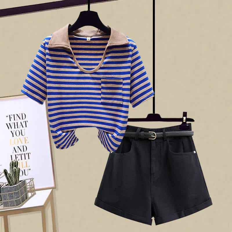 Stripe Pocket Crop Top T-Shirt Denim Shorts