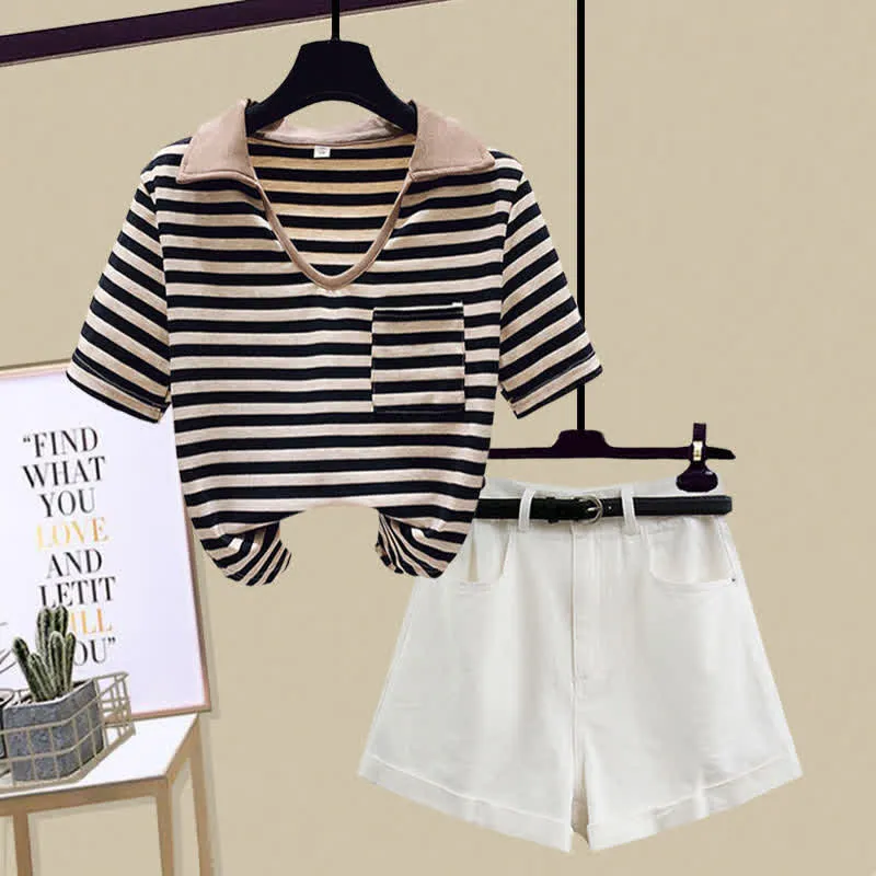 Stripe Pocket Crop Top T-Shirt Denim Shorts