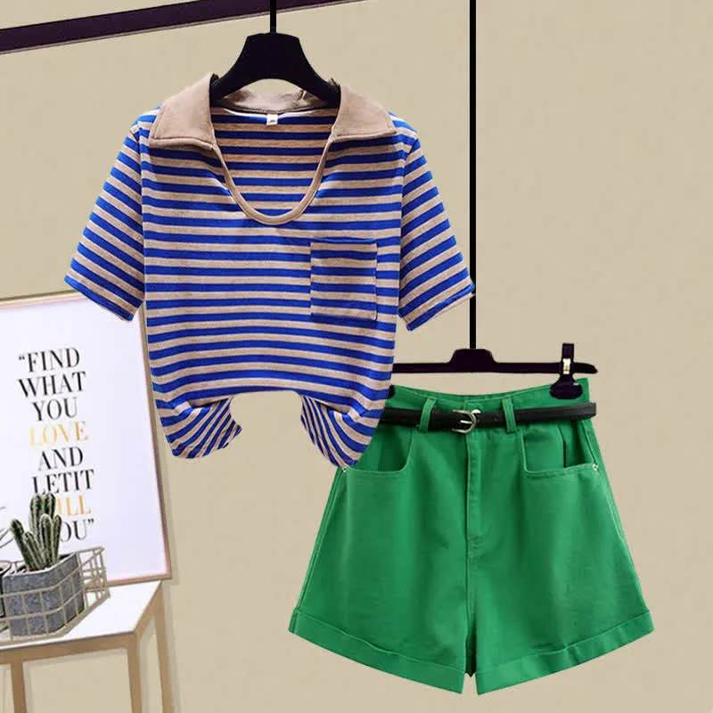 Stripe Pocket Crop Top T-Shirt Denim Shorts