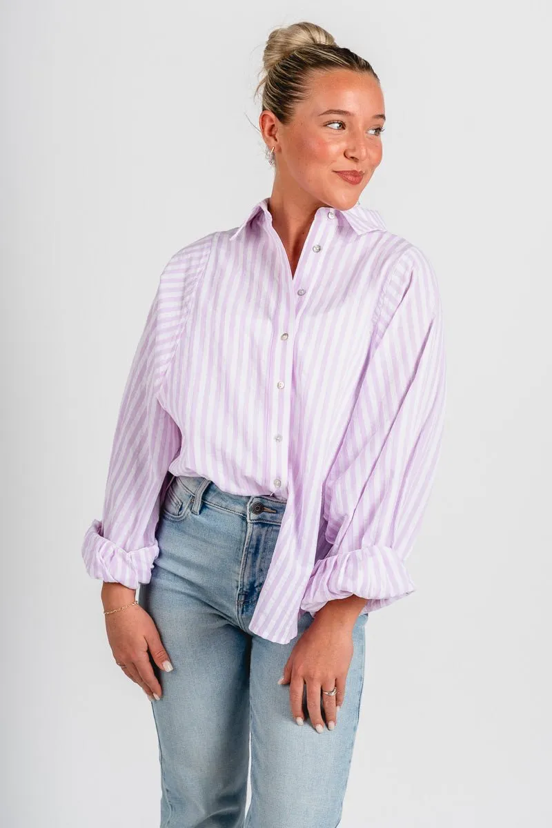 Striped balloon sleeve button up top lavender