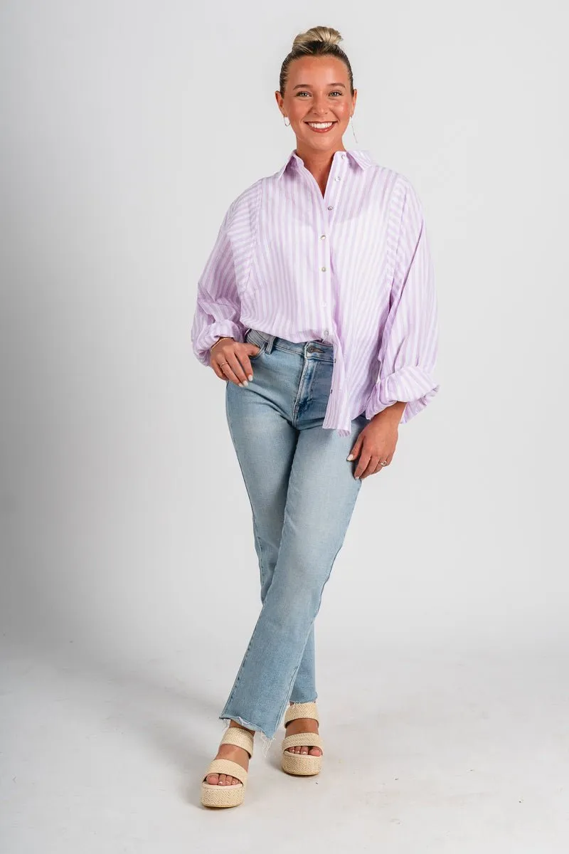 Striped balloon sleeve button up top lavender