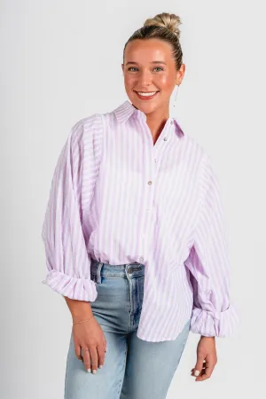 Striped balloon sleeve button up top lavender