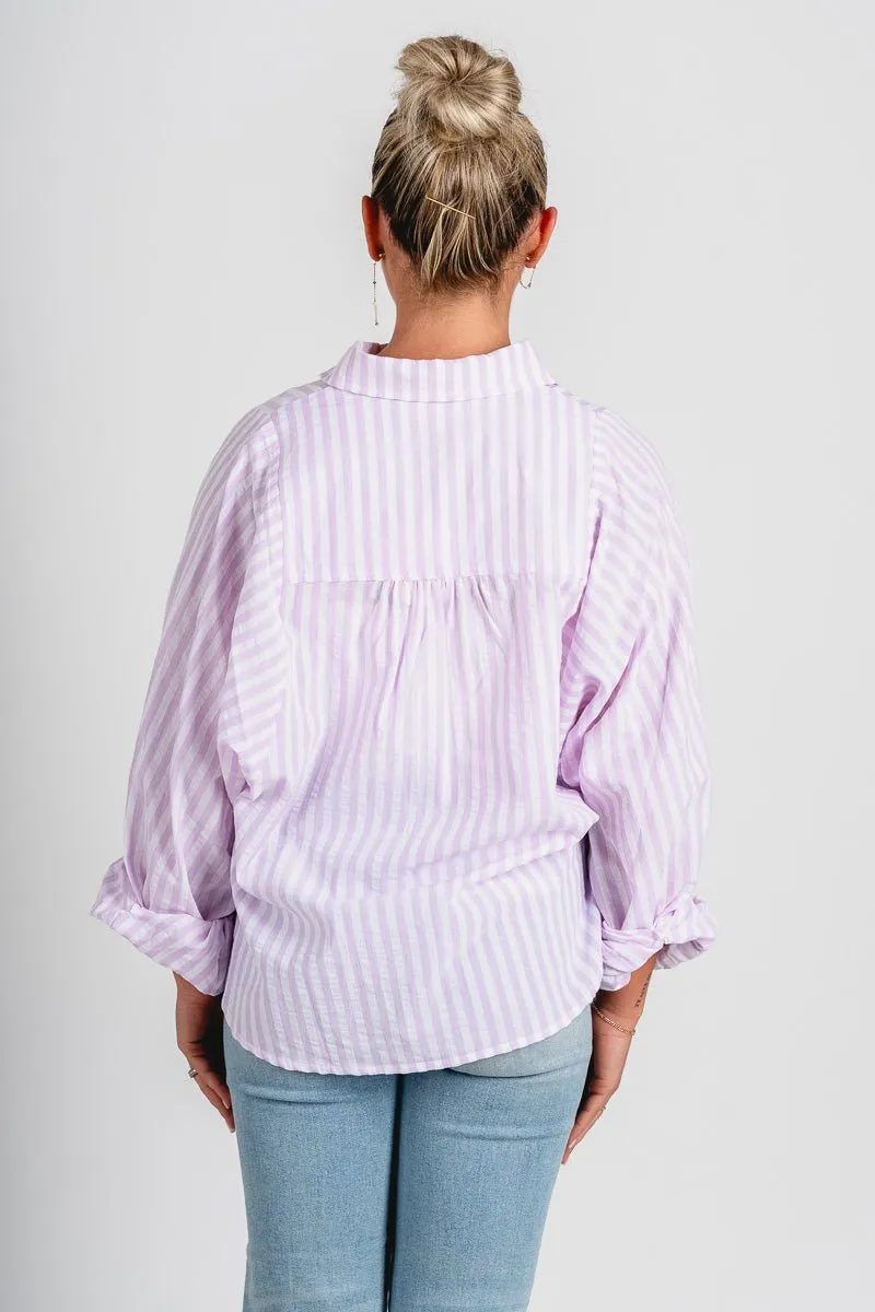 Striped balloon sleeve button up top lavender