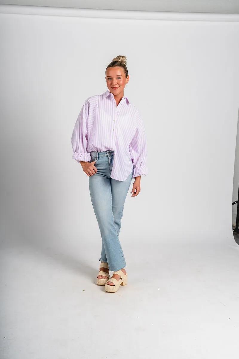 Striped balloon sleeve button up top lavender