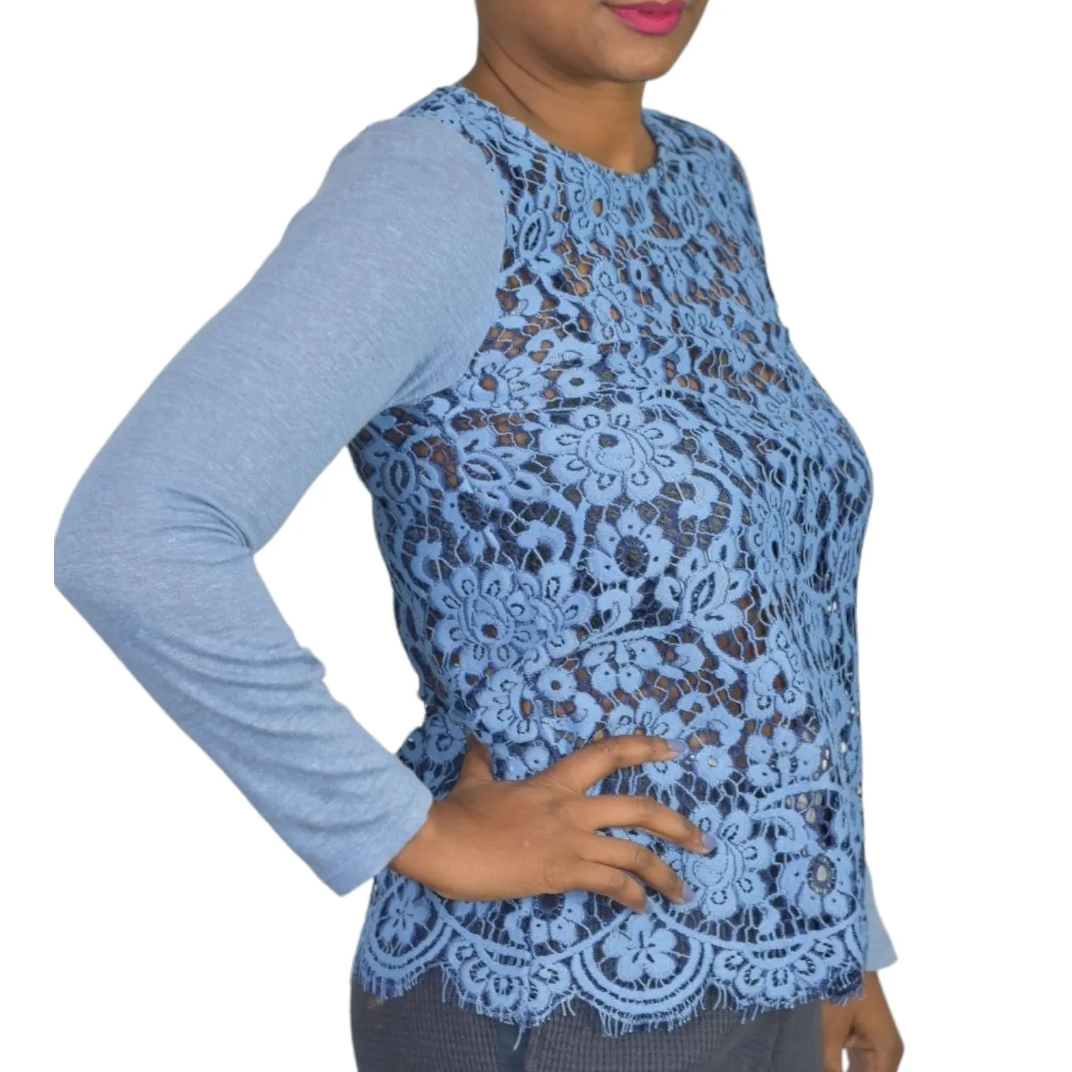 Sundance Ariadna Top Blue Lace Knit Sweater Scallop Hem Long Sleeves Size XS